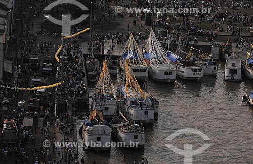  Subject: Aerial view of decorated boats at Ver-o-peso market (See the weight market) for the Cirio de Nazare (Nazareth Candle) / Place: Belem City - Para State - Brazil / Date: 10/12/2008 