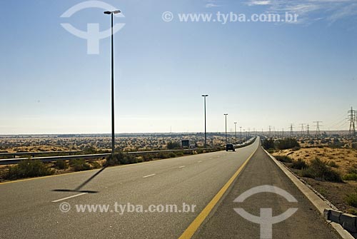  Subject: Road on the desert with lampposts  / Place:  Dubai - United Arab Emirates  / Date: Janeiro 2009  