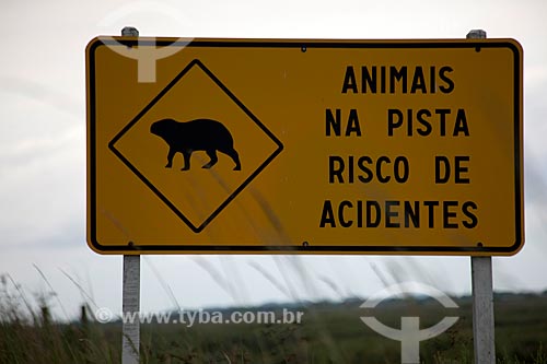  Subject: Warning plaque informing the presence of animals on the road - Taim Ecological Station / Place: Santa Vitoria do Palmar city - Rio Grande do Sul state (RS) - Brazil / Date: 02/2012 