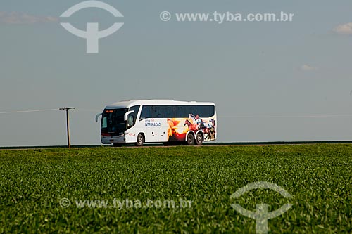  Subject: Bus passing in soybean planting - Stretch of highway BR - 153 / Place: Rondonopolis city - Mato Grosso state (MT) - Brazil / Date: 12/2011 
