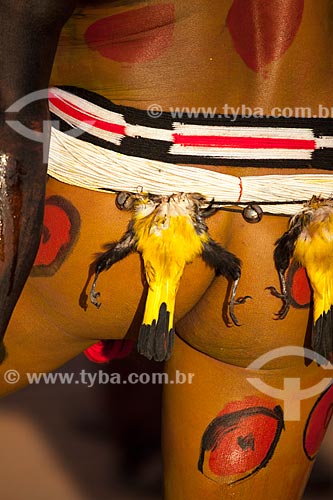  Indians Yawalapiti adorned with paint, guizos, beads and dead birds during the ritual of the Kuarup - this years ceremony in honor of the anthropologist Darcy Ribeiro - Photo Licensed (Released 94) - INCREASE OF 100% OF THE VALUE OF TABLE   - Gaucha do Norte city - Mato Grosso state (MT) - Brazil
