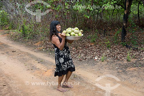  Subject: Woman of Aiha Kalapalo Village with a basin of Pequi (Caryocar brasiliense) - INCREASE OF 100% OF THE VALUE OF TABLE / Place: Querencia city - Mato Grosso state (MT) - Brazil / Date: 10/2012 