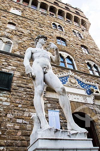  Subject: Reproduction of of Michelangelo statue of David the entrance to the Palazzo Vecchio, in the Square della Signoria (Piazza della Signoria) / Place: Florence - Italy - Europe / Date: 12/2012 