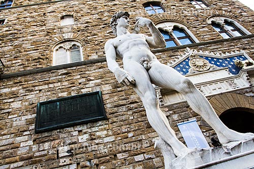  Subject: Reproduction of Michelangelos statue David at the entrance of Palazzo Vecchio, in Piazza della Signoria / Place: Florence - Italy - Europe / Date: 12/2012 