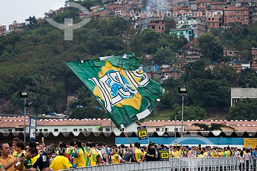  Fans with Flag of Brazil with Jesus writing - at the station Maracana before the match between Brazil x Spain for the final of the Confederations Cup  - Rio de Janeiro city - Rio de Janeiro state (RJ) - Brazil