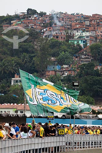  Fans with Flag of Brazil with Jesus writing - at the station Maracana before the match between Brazil x Spain for the final of the Confederations Cup  - Rio de Janeiro city - Rio de Janeiro state (RJ) - Brazil