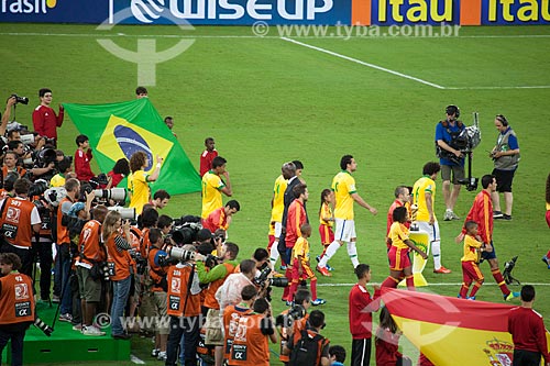  Spanish and Brazilian team entering the field the game between Brasil x Spain by final match of Confederations Cups the JournalistMario Filho Stadium - also known as Maracana  - Rio de Janeiro city - Rio de Janeiro state (RJ) - Brazil