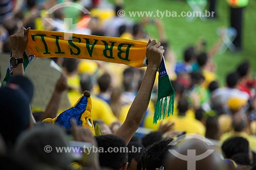  Football fan with a band of Brazil during the game between Brasil x Spain by final match of Confederations Cups the JournalistMario Filho Stadium - also known as Maracana  - Rio de Janeiro city - Rio de Janeiro state (RJ) - Brazil