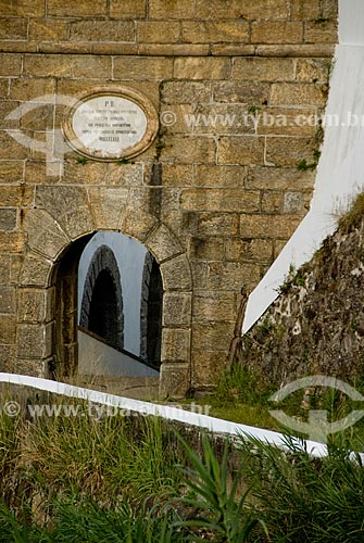  Wall with plate with the mark of Emperor Dom Pedro II at the entrance of the Sao Jose Fort at Sao Joao Fortress  - Rio de Janeiro city - Rio de Janeiro state (RJ) - Brazil