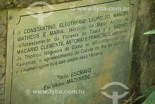  Subject: Plaque at Monument to Slaves (2001) - monument to slaves who helped in the reforestation of the Tijuca Forest / Place: Rio de Janeiro city - Rio de Janeiro state (RJ) - Brazil / Date: 08/2013 