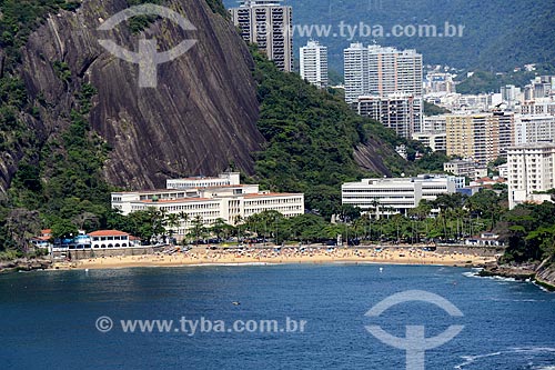  Aerial photo of Vermelha Beach (Red Beach) with Praia Vermelha Military Circle, Military Institute of Engineering and Naval War College - from the left to right - with buildings of Botafogo neighborhood in the background  - Rio de Janeiro city - Rio de Janeiro state (RJ) - Brazil