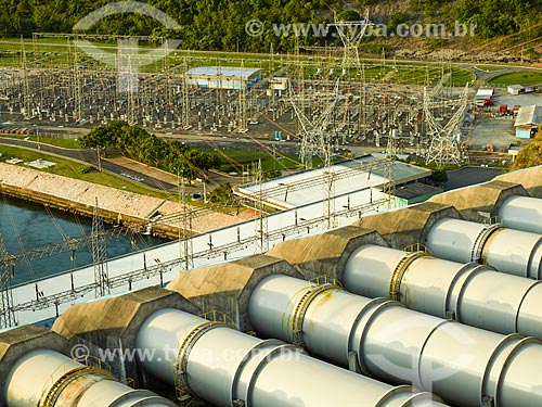  Subject: Powerhouse ducts of Furnas Hydroelectric Plant with substation in the background / Place: Sao Jose da Barra city - Minas Gerais state (MG) - Brazil / Date: 12/2013 