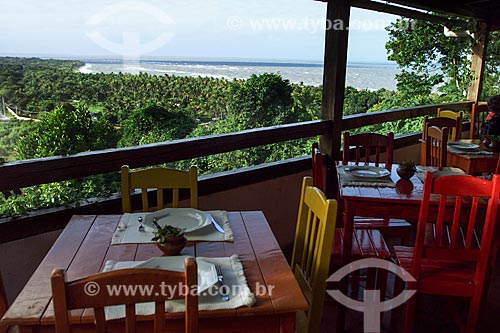  Subject: View of vegetation with the sea in the background from restaurant / Place: Arraial DAjuda district - Porto Seguro city - Bahia state (BA) - Brazil / Date: 04/1991 