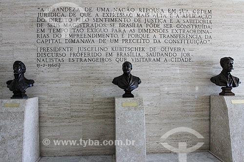  Busts of Dom Pedro I, Baron of Rio Branco and Joaquim Nabuco (from the lefth to right) - hall of Federal Supreme Court - headquarters of the Judiciary - with snippet from a speech of Juscelino Kubitschek in the background  - Brasilia city - Distrito Federal (Federal District) (DF) - Brazil