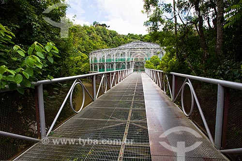  Subject: Footbridge with the Opera de Arame in the background - using pipes as structure and is perfectly integrated to the surrounding nature / Place: Curitiba city - Parana state (PR) - Brazil / Date: 12/2013 