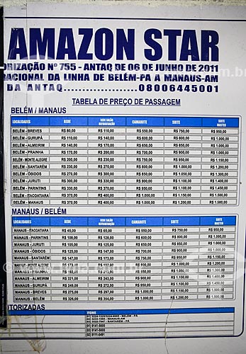  Subject: Table of prices of tickets to boat that making the crossing between Belem (PA) and Manaus (AM) / Place: Breves city - Para state (PA) - Brazil / Date: 03/2014 