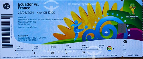  Subject: Detail of ticket to the match of World Cup Brasil between Ecuador x France - Journalist Mario Filho Stadium - also known as Maracana / Place: Rio de Janeiro city - Rio de Janeiro state (RJ) - Brazil / Date: 06/2014 