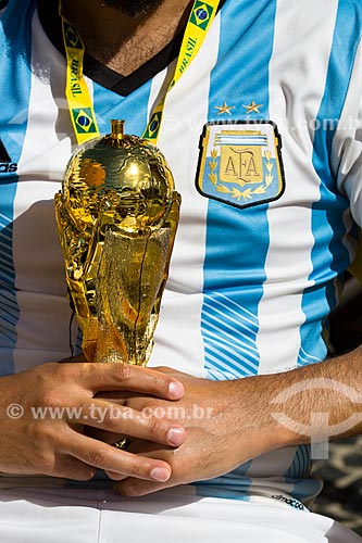  Argentina fan with replica of FIFA World Cup trophy before of the match between Germany x Argentine by final game of World Cup of Brazil  - Rio de Janeiro city - Rio de Janeiro state (RJ) - Brazil