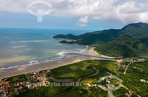  Aerial photo of river mouth of Guarau River with the Jureia-Itatins Ecological Station in the background  - Peruibe city - Sao Paulo state (SP) - Brazil