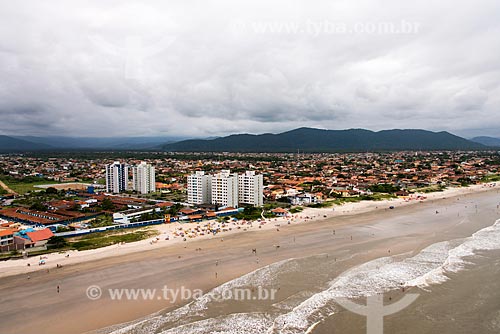  Aerial photo of Boca da Barra Beach - also known as Centro Beach - with the Colony of Cables and Soldiers from Military Police to the left  - Itanhaem city - Sao Paulo state (SP) - Brazil