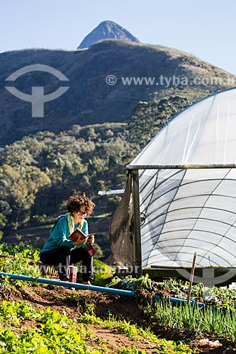  Woman reading in the midst of planting vegetables  - Petropolis city - Rio de Janeiro state (RJ) - Brazil