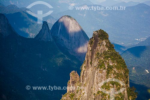  View of Cavalo Branco Hill (White Horse Hill) with Dedo de Nossa Senhora and Escalavrado Peaks in the background from mirante known as Portais de Hercules (Hercules Portals)  - Petropolis city - Rio de Janeiro state (RJ) - Brazil