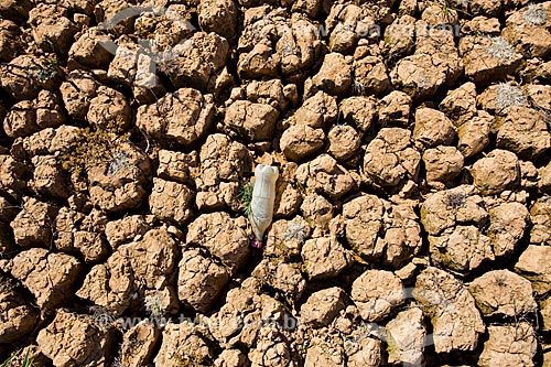  Bottle in cracked soil - Jaguari Dam during the supply crisis in Sistema Cantareira (Cantareira System)  - Vargem city - Sao Paulo state (SP) - Brazil