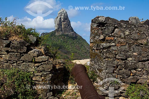  Cannon of Nossa Senhora dos Remedios Fortress with Pico Mountain in the background  - Fernando de Noronha city - Pernambuco state (PE) - Brazil