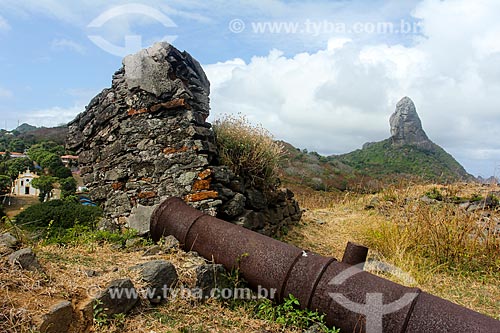  Cannon of Nossa Senhora dos Remedios Fortress with Pico Mountain in the background  - Fernando de Noronha city - Pernambuco state (PE) - Brazil