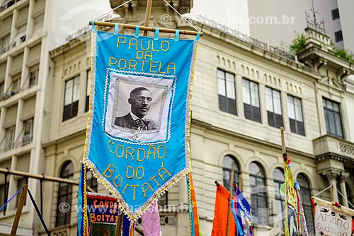  Banner in honor of Paulo da Portela during Cordao do Boitata carnival street troup parade - Assembleia Street  - Rio de Janeiro city - Rio de Janeiro state (RJ) - Brazil