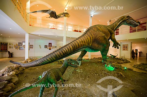  Replicas of dinosaurs Santanaraptor placidus - forward - Irritator (Irritator challengeri) - also known as Angaturama limai - and Pterosaur above - Regional University of Cariri Museum of Paleontology  - Santana do Cariri city - Ceara state (CE) - Brazil