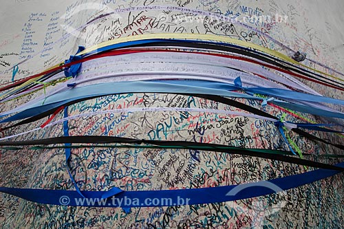  Detail of Colorful ribbons - base of statue of Padre Cicero - Horto Hill  - Juazeiro do Norte city - Ceara state (CE) - Brazil
