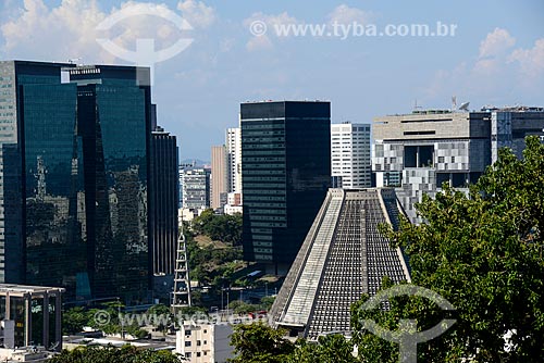  View of Cathedral of Sao Sebastiao do Rio de Janeiro with Ventura Building - to the left - Build of the National Bank for Economic and Social Development (BNDES) headquarters - center - and the build of the PETROBRAS headquarters - to the right  - Rio de Janeiro city - Rio de Janeiro state (RJ) - Brazil