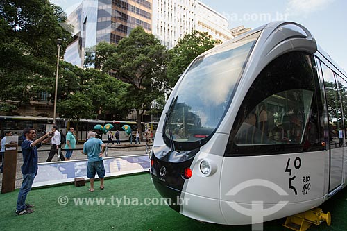  Man photographing the light rail transit wagon on exhibition Cinelandia Square  - Rio de Janeiro city - Rio de Janeiro state (RJ) - Brazil