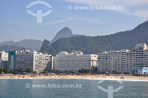  View of Copacabana Beach waterfront with the Copacabana Palace Hotel and Christ the Redeemer in the background  - Rio de Janeiro city - Rio de Janeiro state (RJ) - Brazil