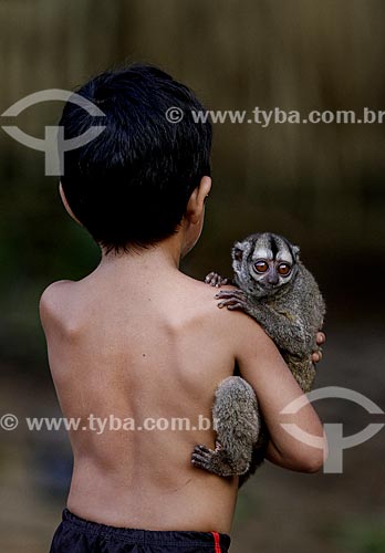  Riverine boy holding three-striped night monkey (Aotus trivirgatus) - also known as Northern night monkey  - Amazonas state (AM) - Brazil
