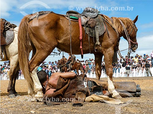  Horseman sleeping under horser after pilgrimage to Mass of the Cattle Herdings  - Serrita city - Pernambuco state (PE) - Brazil