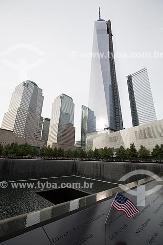  National September 11 Memorial (Ground Zero of the World Trade Center) with the WTC 1 in the background  - New York city - New York - United States of America