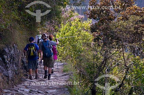  Tourists - trail of ruins of Machu Picchu  - Cusco Department - Peru