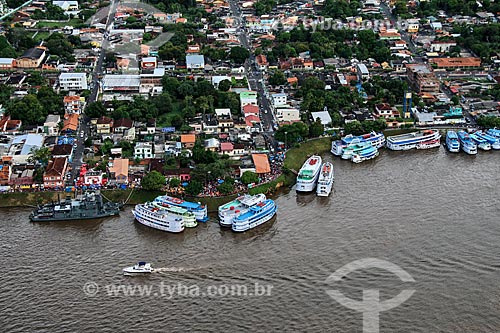  Aerial photo of berthed boats - Parintins city waterfront with the Amapa River Patrol Boat (P-32) vessel  - Parintins city - Amazonas state (AM) - Brazil