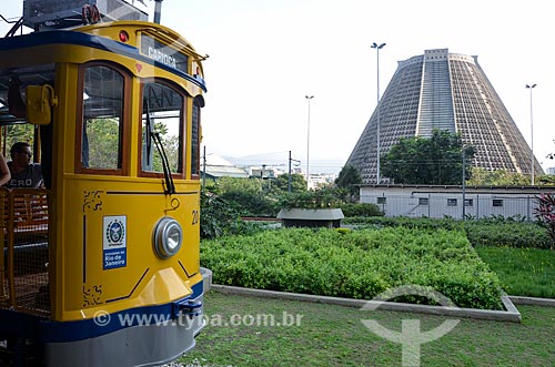  Santa Teresa Tram with Cathedral of Sao Sebastiao do Rio de Janeiro in the background  - Rio de Janeiro city - Rio de Janeiro state (RJ) - Brazil