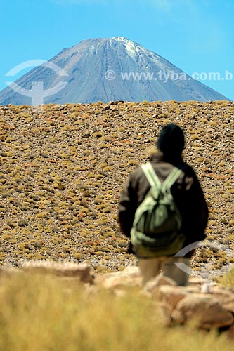  Tourist - Atacama Desert with the Licancabur Volcano in the background  - San Pedro de Atacama city - El Loa Province - Chile