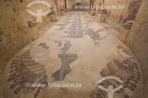  Detail of mosaic inside of the Great Gym - Villa Romana del Casale - old palace building IV century  - Piazza Armerina city - Enna province - Italy
