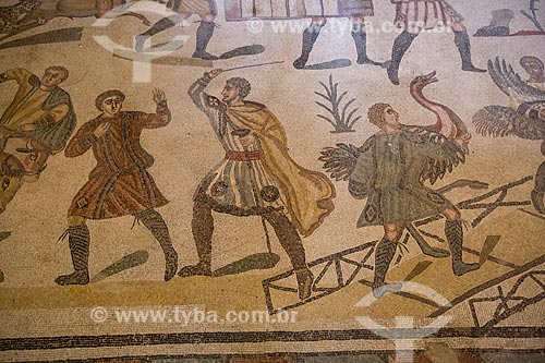  Detail of mosaic known as Great Hunt - Villa Romana del Casale - old palace building IV century  - Piazza Armerina city - Enna province - Italy