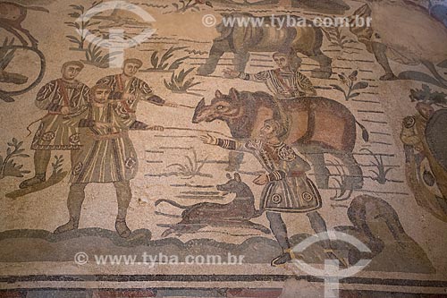  Detail of mosaic known as Great Hunt - Villa Romana del Casale - old palace building IV century  - Piazza Armerina city - Enna province - Italy