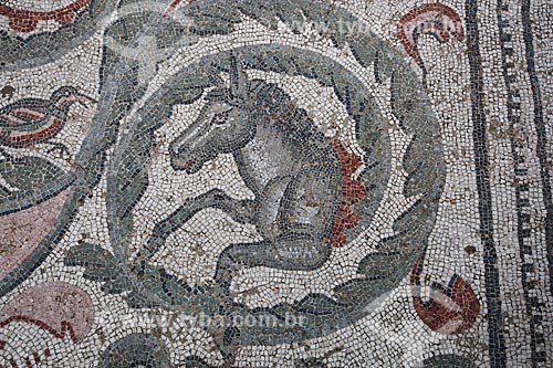  Detail of mosaic inside of the triclinium - Villa Romana del Casale - old palace building IV century  - Piazza Armerina city - Enna province - Italy