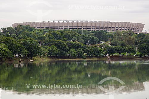  Pampulha Lagoon with the Governor Magalhaes Pinto Stadium (1965) - also known as Mineirao - in the background  - Belo Horizonte city - Minas Gerais state (MG) - Brazil