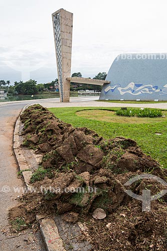   Grass planting on the banks of the Pampulha Lagoon with the Sao Francisco de Assis Church (1943) - also known as Pampulha Church - in the background  - Belo Horizonte city - Minas Gerais state (MG) - Brazil