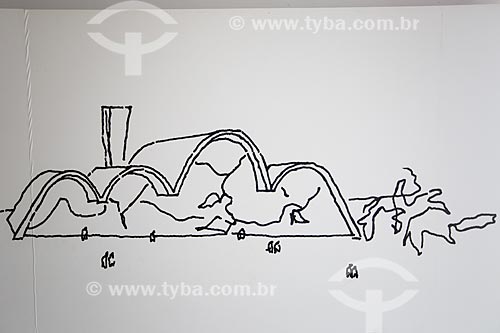  Reproduction of drawing by Oscar Niemeyer for the Sao Francisco de Assis Church (1943) - also known as Pampulha Church - on exhibit at same church  - Belo Horizonte city - Minas Gerais state (MG) - Brazil