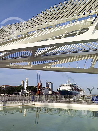  Detail of facade of the Amanha Museum (Museum of Tomorrow) with the Pier Maua in the background  - Rio de Janeiro city - Rio de Janeiro state (RJ) - Brazil